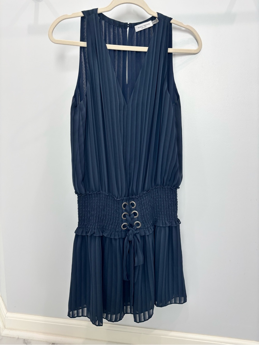 Ramy Brook Navy Pleated V‑Neck Mini Dress with Smocked Lace-Up Waist